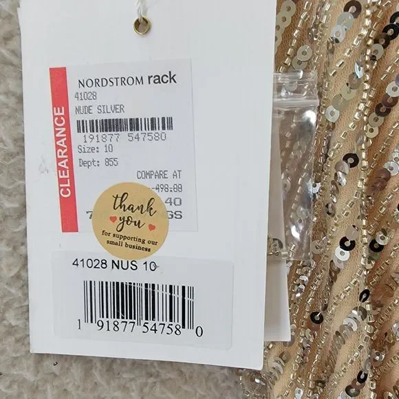 MAC DUGGAL Sleeveless Diagonal Sequined V-Neck Gown Women's 10 Nude Silver - Picture 15 of 15